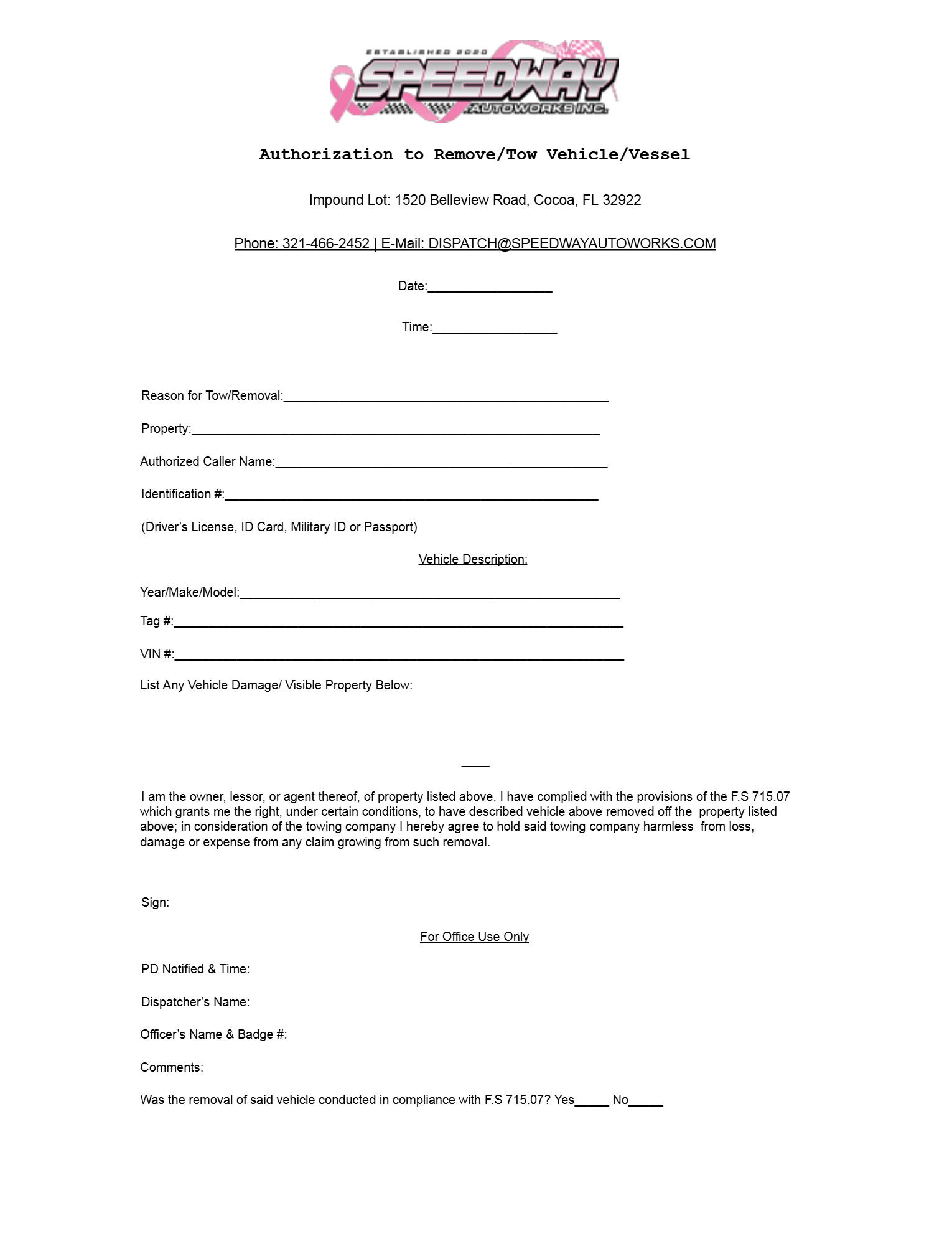 Private Property Towing Application | Speedway Autoworks