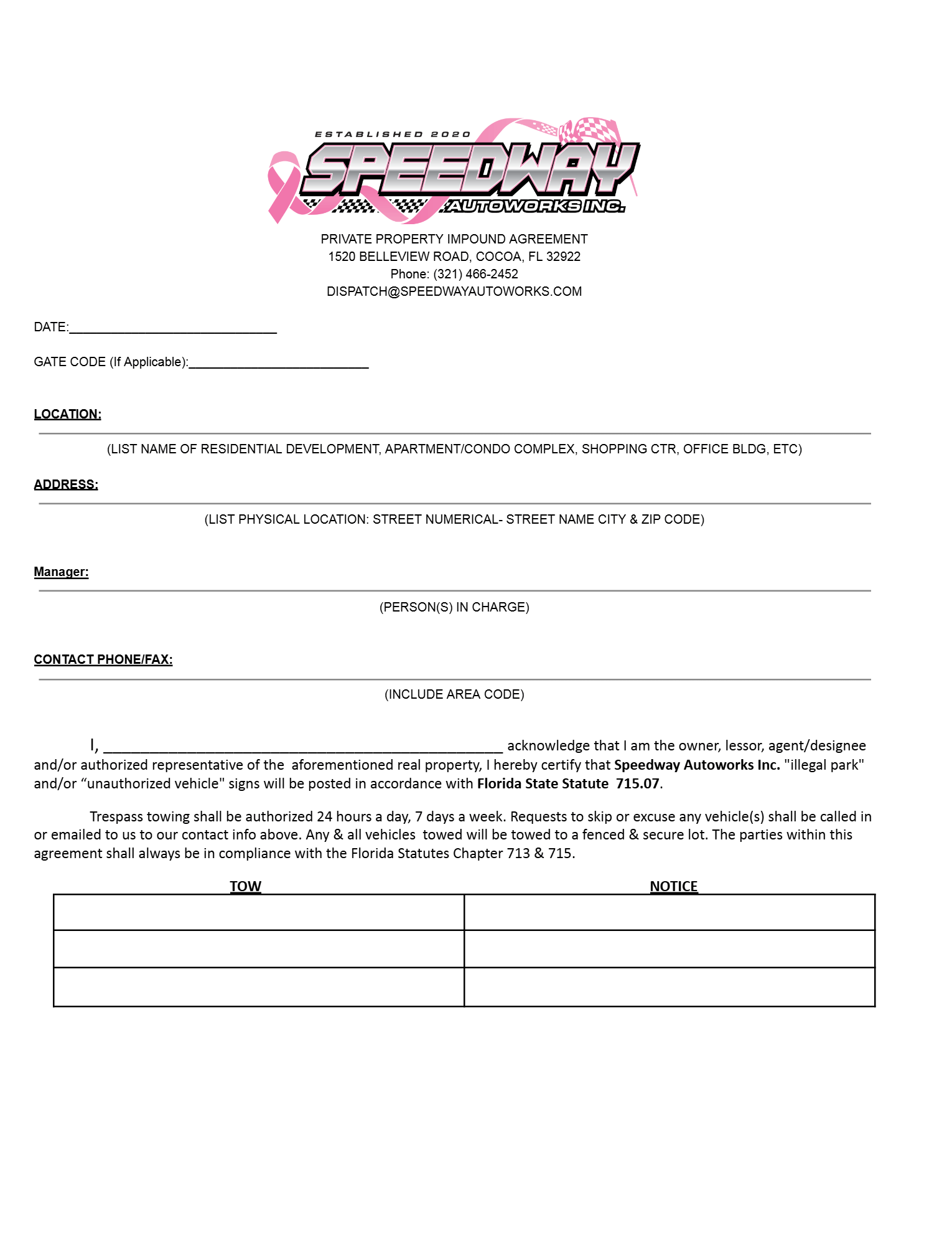 Private Property Towing Application | Speedway Autoworks
