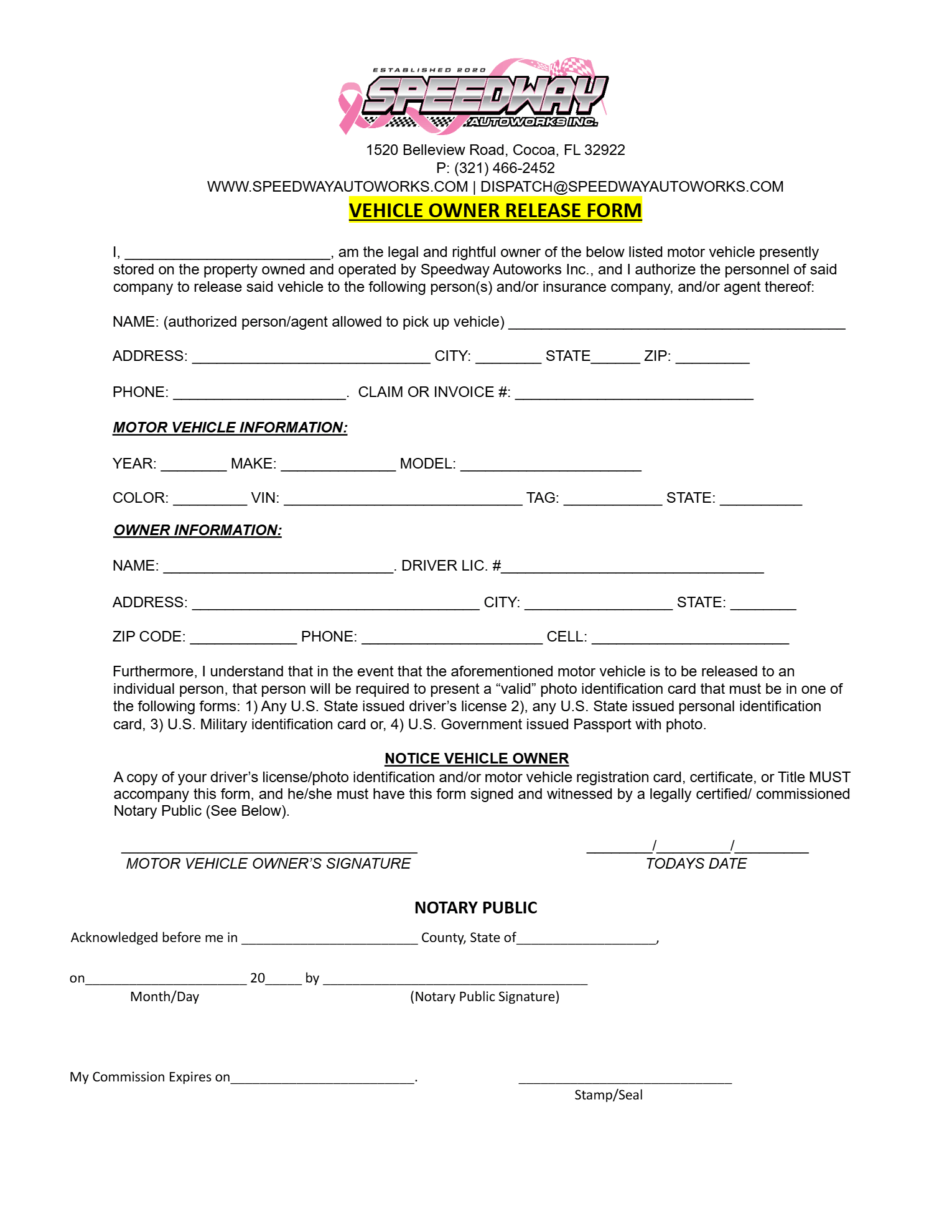 Private Property Towing Application | Speedway Autoworks